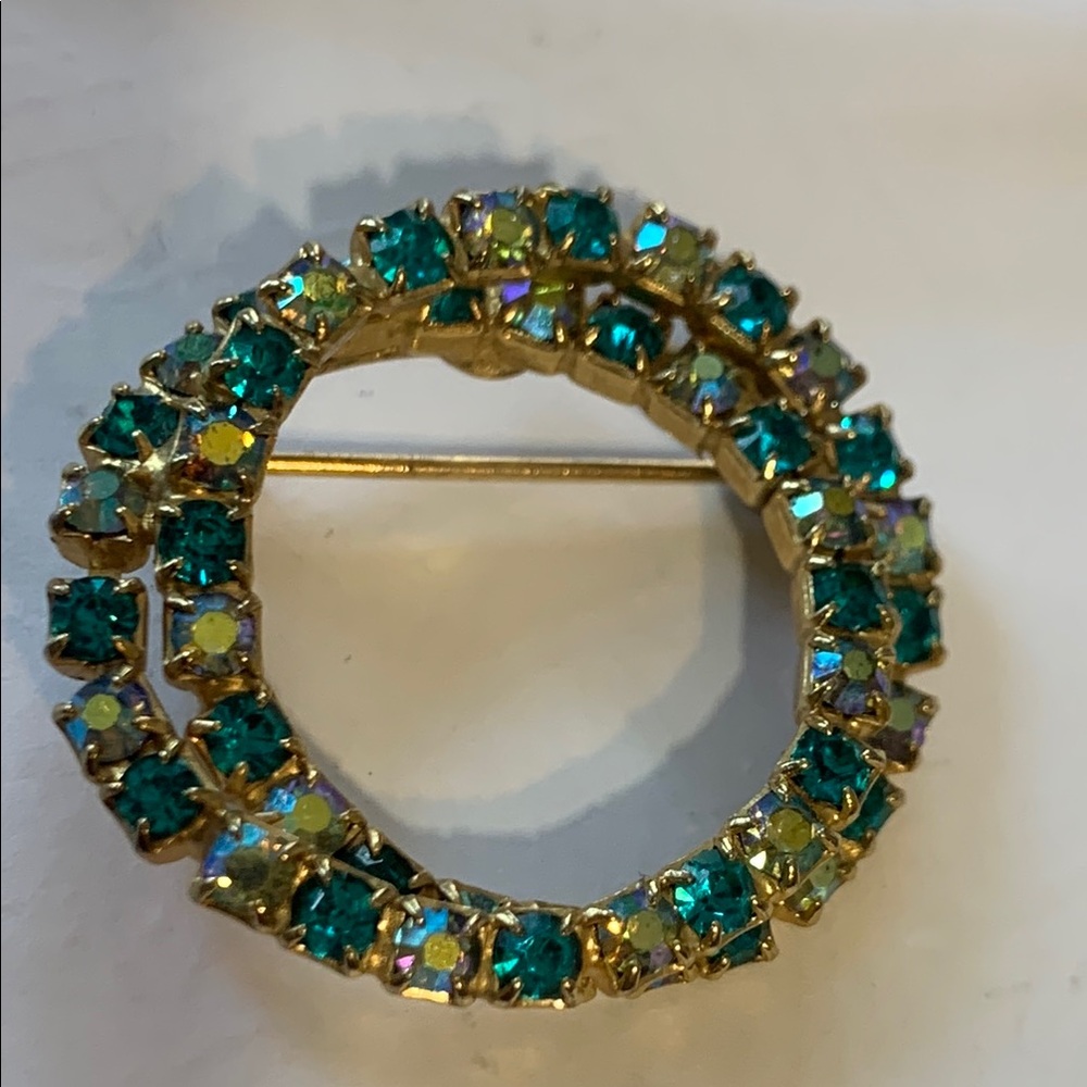 Timeless Vintage Blue and Green AB Gold Tone Circular Brooch